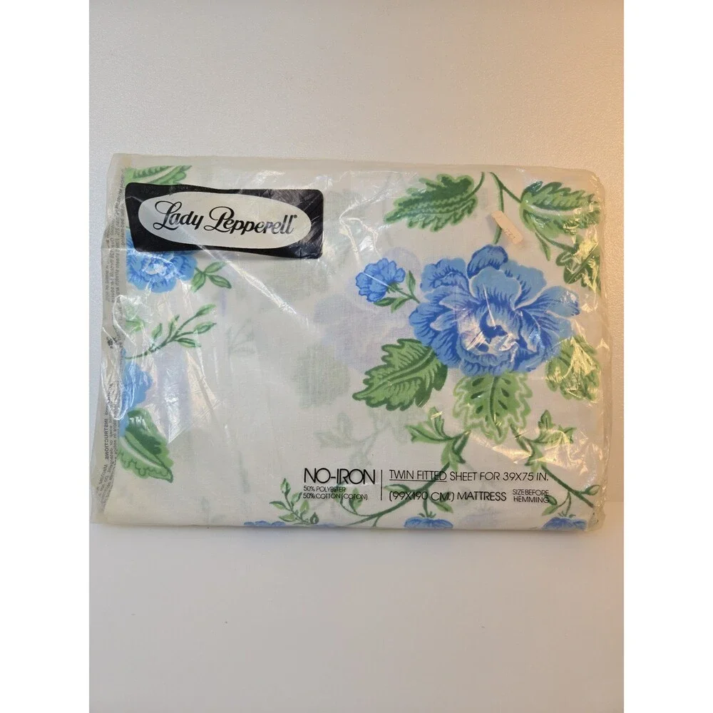Lady Pepperell Vintage Twin Fitted Sheet Blue Flowers on White NEW Old Stock